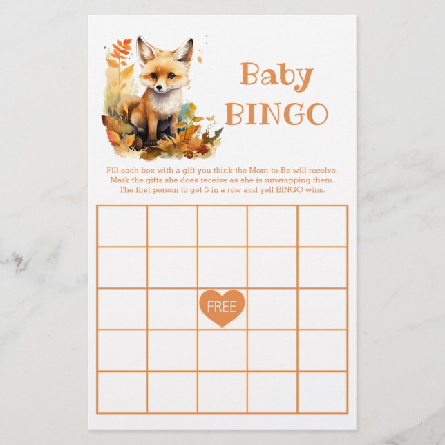 Woodland Fox Cute BINGO Baby Shower Game (Framsida)