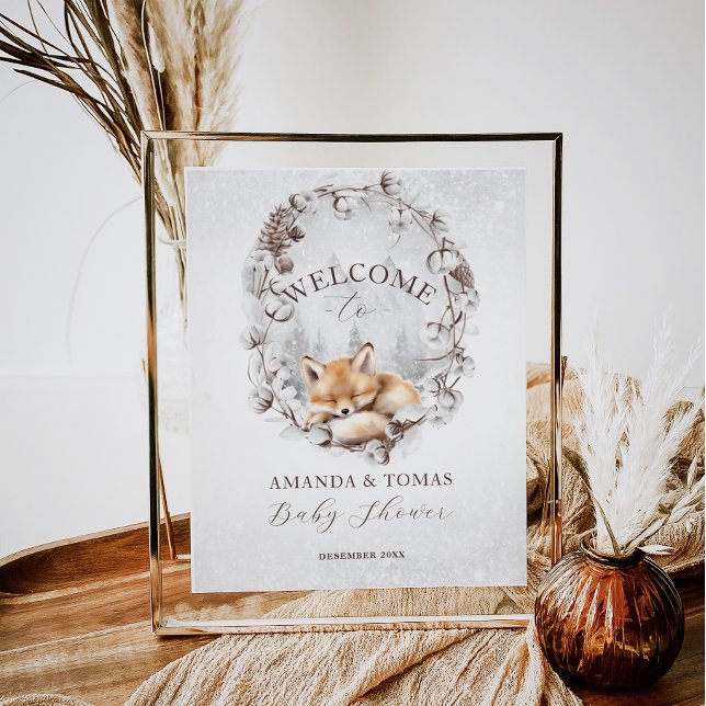 Woodland Fox Elegant Winter Baby Shower Välkommen Poster (Skapare uppladdad)