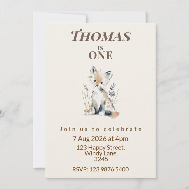 Woodland Fox First Birthday Invitation Inbjudningar (Framsida)
