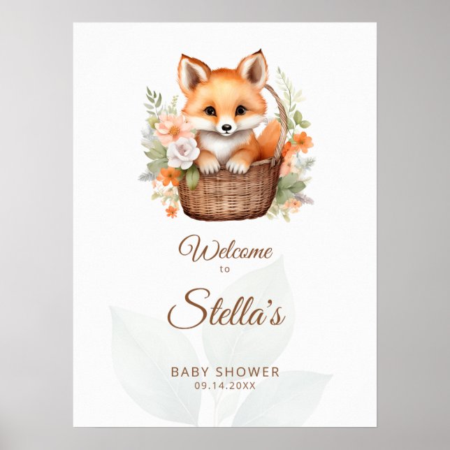 Woodland Fox Florals Baby Shower Welcome Sign Poster (Framsidan)