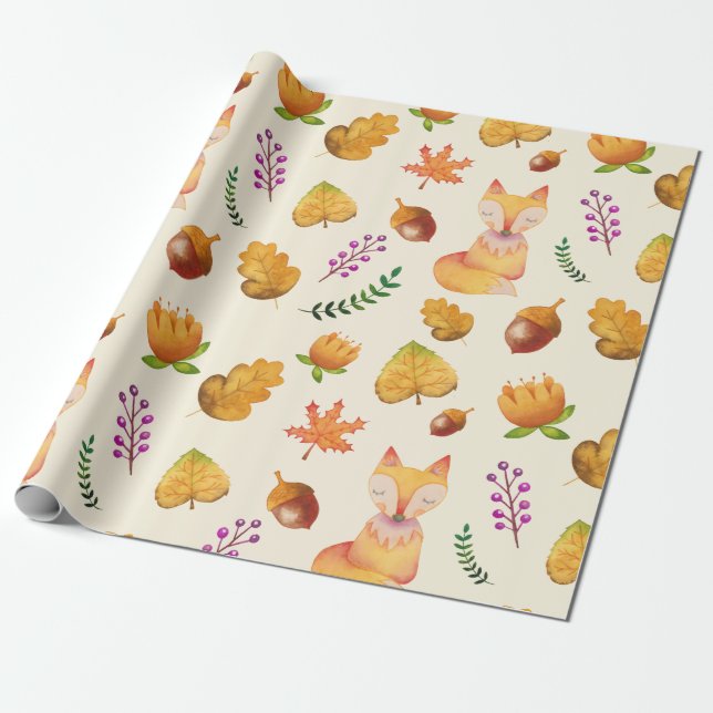Woodland Fox Foliage Watercolor Mönster Presentpapper (Utrullad)