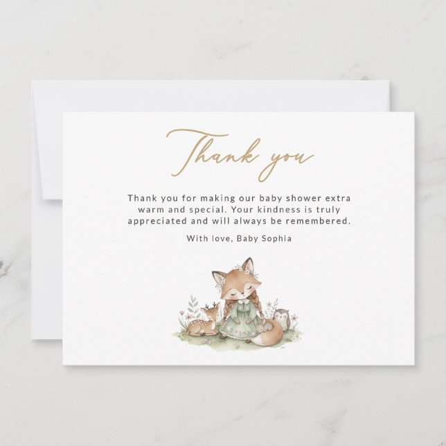 Woodland Fox Girl Baby Shower Thank You Card Tack Kort (Framsida)