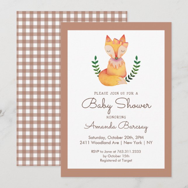 Woodland Fox Girls Baby Shower Inbjudningar (Fram/baksida)