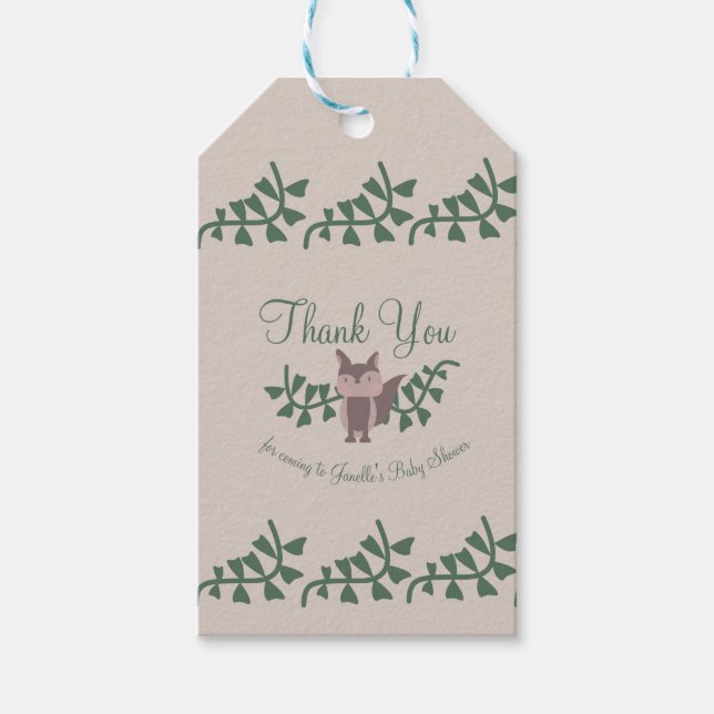 Woodland Fox Greenery Baby Shower Rustic Presentetikett (Framsidan)