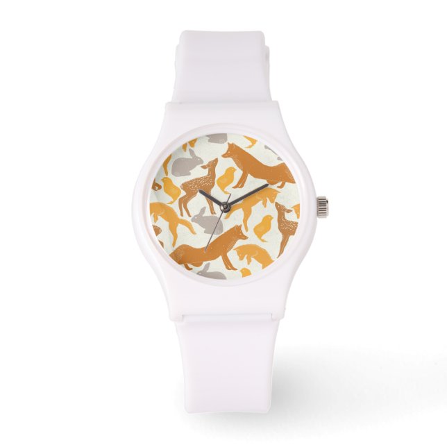 Woodland Fox Hare Chicken Orange Hösten Mönster Armbandsur (Framsida)