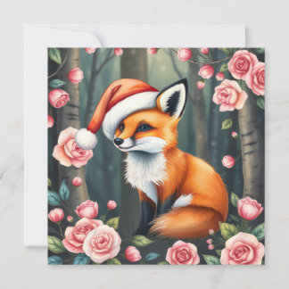 Woodland fox in Christmas hat holiday card Julkort