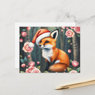 Woodland fox in Christmas hat holiday postcard Helg Vykort