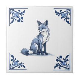 Woodland Fox med Delft Blue och White Corners Kakelplatta