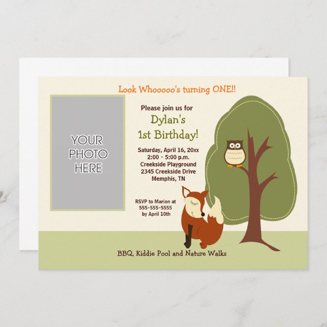 Woodland Fox och Uggla *PHOTO* Birthday 5x7 Inbjudningar (Fram/baksida)
