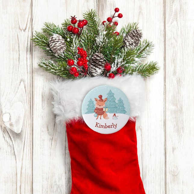 Woodland Fox Personlig jul Knapp (Personalized Christmas Stocking Name Tag Button)