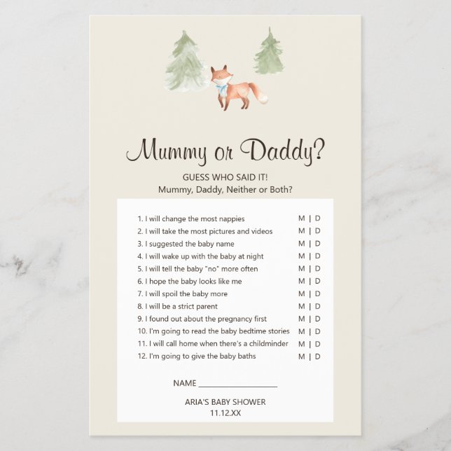 Woodland Fox Pox Babybabyskor Mummy eller Pappa Ga Flygblad (Framsidan)