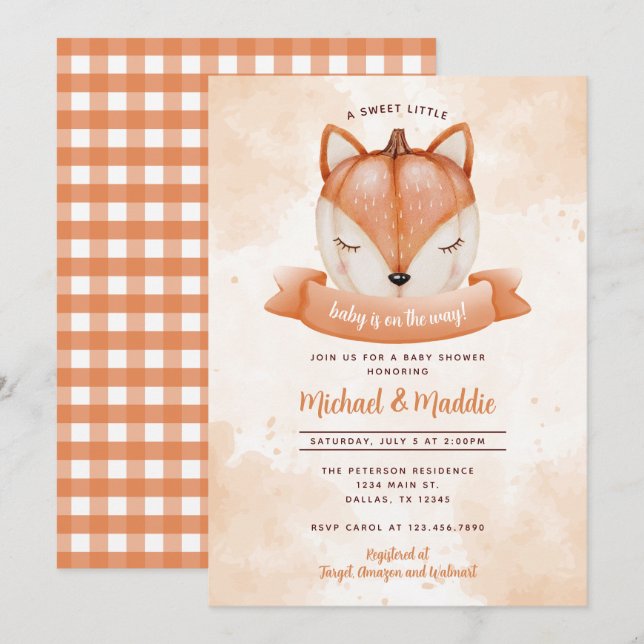 Woodland Fox Pumpkin Baby Shower-inbjudan Inbjudan (Fram/baksida)