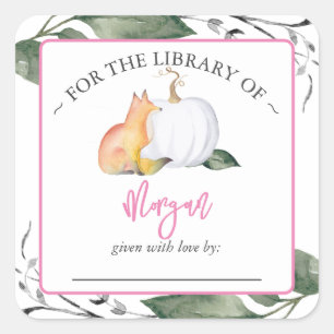 Woodland Fox Pumpkin Fall Baby Shower Bookplate Fyrkantigt Klistermärke