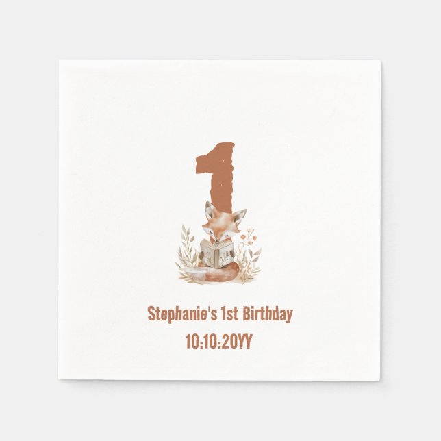 Woodland Fox Reading a Bok 1st Birthday Party Pappersservett (Framsidan)