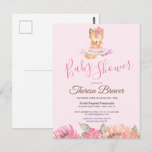 Woodland Fox Rosa Watercolor Blommigt Baby Shower Vykort