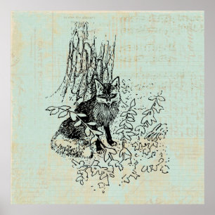 Woodland Fox Rustic Vintage Fox Art Poster