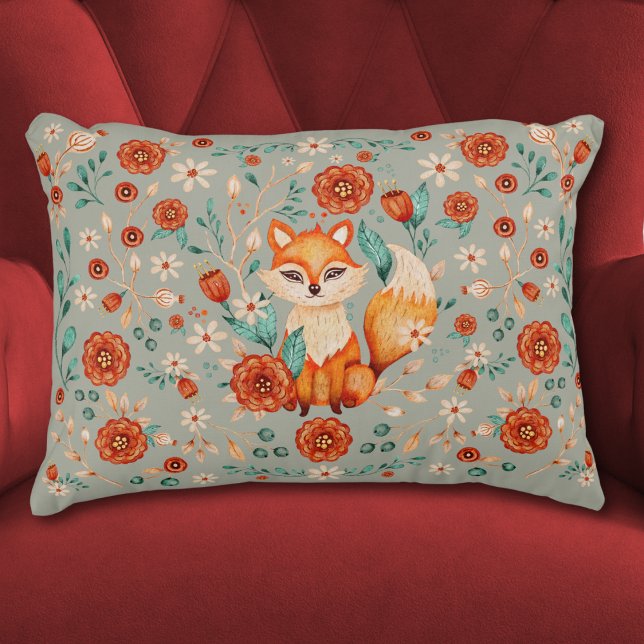 Woodland Fox Whimsical Blommigt Watercolor Prydnadskudde (ornate whimsical woodland fox floral pattern maximalist boho cute watercolor forest pillow )