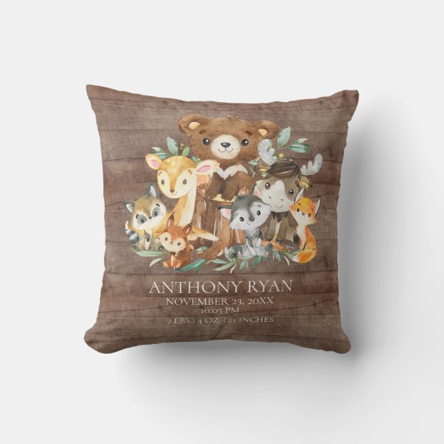 Woodland Friends Baby Birth Stats Pillow Kudde (Framsida)