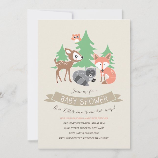 Woodland Friends Baby Shower Inbjudan (Framsida)