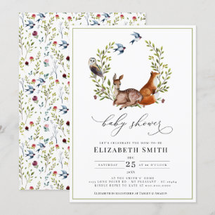 Woodland Friends Blommigt Watercolor Baby Shower Inbjudningar