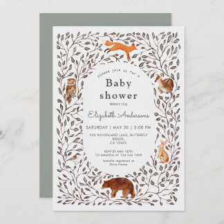 Woodland Friends Gender Neutral Sage Baby Shower Inbjudningar