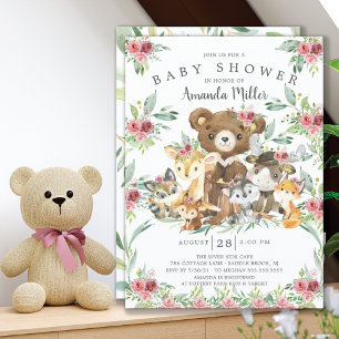 Woodland Friends Girls Baby Shower Inbjudningar