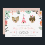 Woodland Friends | Inbjudan till barns födelsedag-<br><div class="desc">En bra inbjudan till din lilla födelsedagsfest är en boho blommigt gräns,  ett par sött baby djur och en rosa illustration. Anpassa med dina uppgifter om barns födelsedag party i peachy - och grått-bokstäver. Kort går tillbaka till fast  rosa.</div>