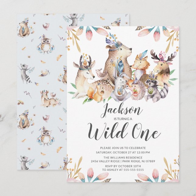 Woodland Friends Vild One Boys 1st Birthday Invita Inbjudningar (Fram/baksida)