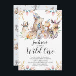 Woodland Friends Vild One Boys 1st Birthday Invita Inbjudningar<br><div class="desc">Tjuvdjur vild en pojkar första födelsedag Bjud in en vit bakgrund med ett samordnat mönster tillbaka.</div>