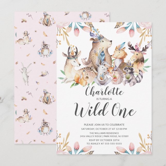 Woodland Friends Vild One Girls 1st Birthday Invit Inbjudningar (Fram/baksida)