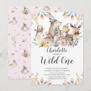 Woodland Friends Vild One Girls 1st Birthday Invit Inbjudningar