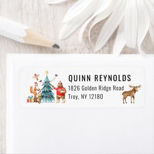 Woodland Friends Winter-julets Födelsedagsfest Returadress Etikett (Insitu)