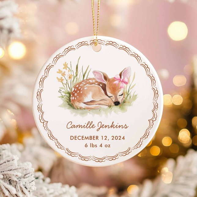 Woodland Girl Baby Birth Stats Photo Christmas Julgransprydnad Keramik (Cute Deer Fawn Girl Baby Birth Stats Ornament)