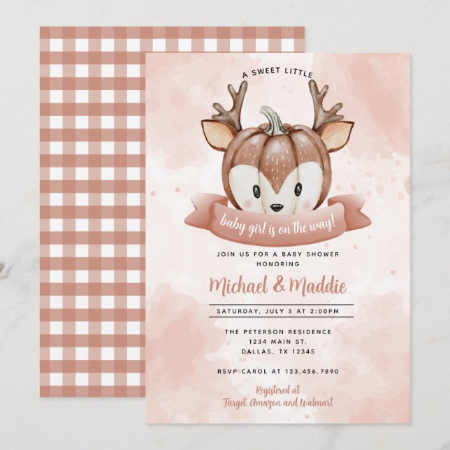 Woodland Girl Hjort Pumpkin Baby Shower-inbjudan Inbjudningar (Fram/baksida)