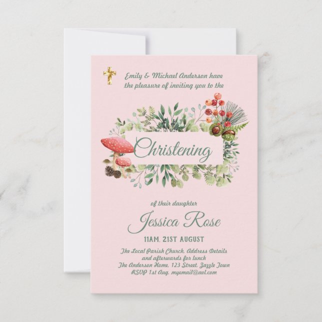 Woodland Girls Christening Inbjudan Baptism (Framsida)