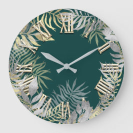 Woodland Golden Fern Teal Silver Roman Numbers Stor Klocka