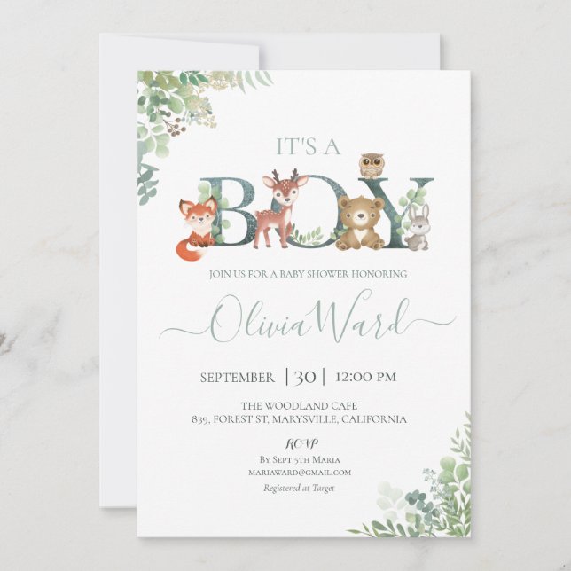 Woodland Greenery Baby Shower Boy-inbjudan Inbjudningar (Framsida)