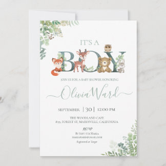 Woodland Greenery Baby Shower Boy-inbjudan Inbjudningar
