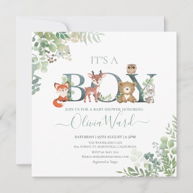 Woodland Greenery Baby Shower Boy-inbjudan Tack Kort (Framsida)