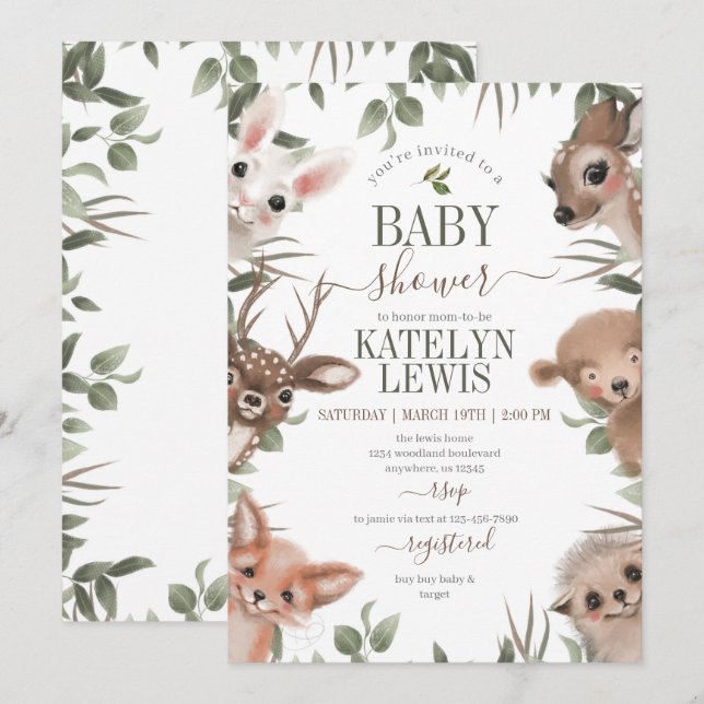 Woodland Greenery Baby Shower Inbjudningar (Fram/baksida)