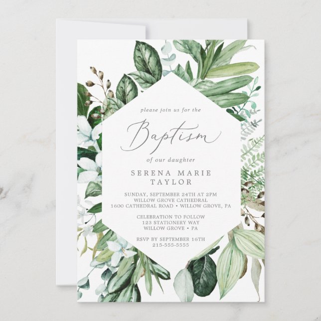 Woodland Greenery Baptism Inbjudningar (Framsida)