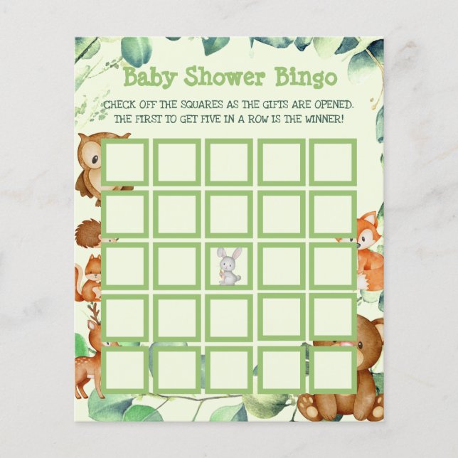 Woodland Greenery Eucalyptus Baby Shower Bingo Flygblad (Framsidan)
