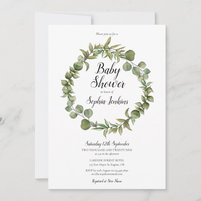Woodland Greenery Eucalyptus Script Baby Shower Inbjudningar (Framsida)