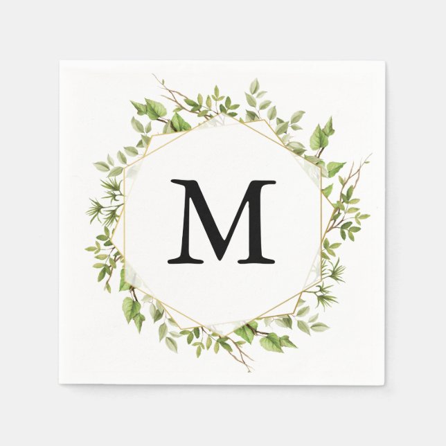 Woodland Greenery Monogram Cocktail Napkin Pappersservett (Framsidan)