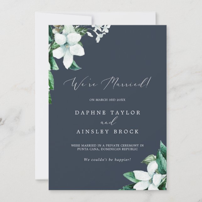 "Woodland Greenery Navy Blue Elopement Announement Meddelande (Framsida)
