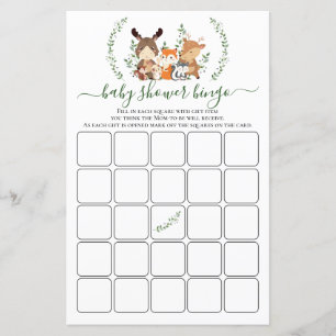 Woodland Grönt Baby djur Shower Bingo Game Card