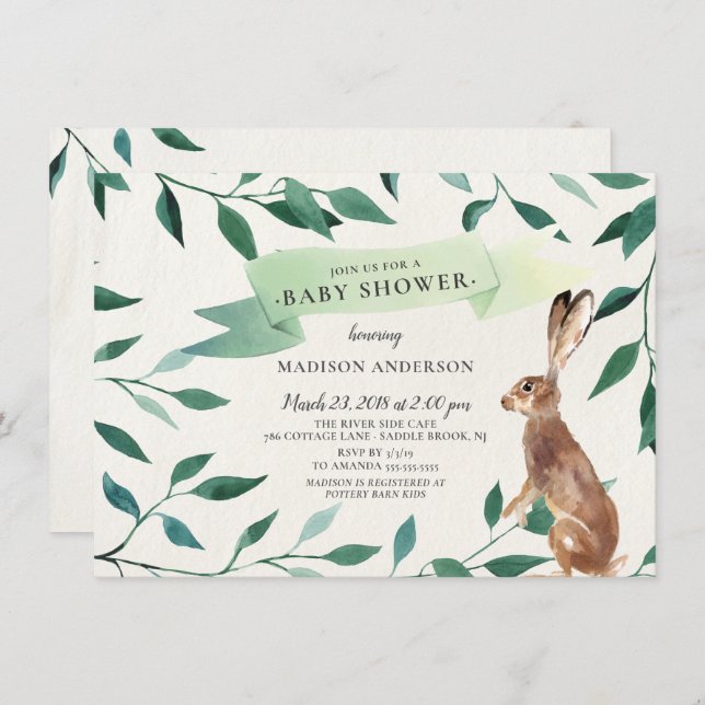 Woodland Hare Neutralt Baby Shower Inbjudningar (Fram/baksida)