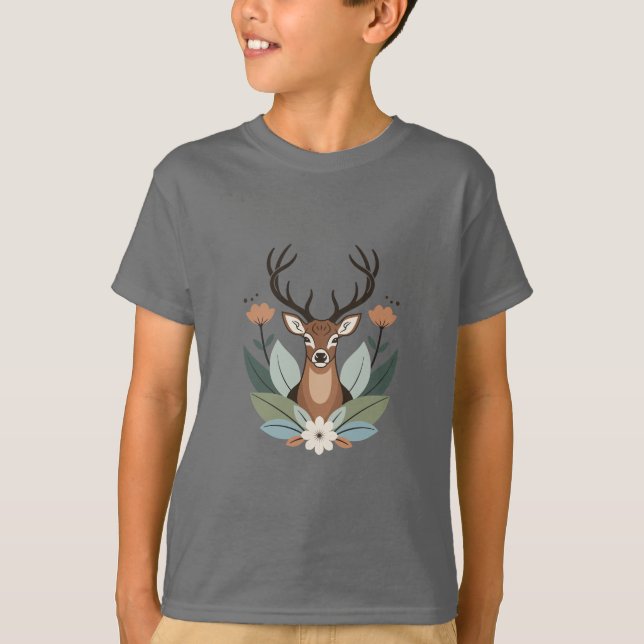 Woodland Harmony – Boho Deer Botanical Illustratio T Shirt (Framsida)