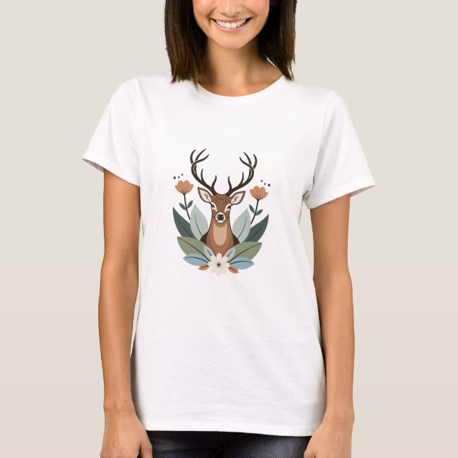 Woodland Harmony – Boho Deer Botanical Illustratio T Shirt (Framsida)