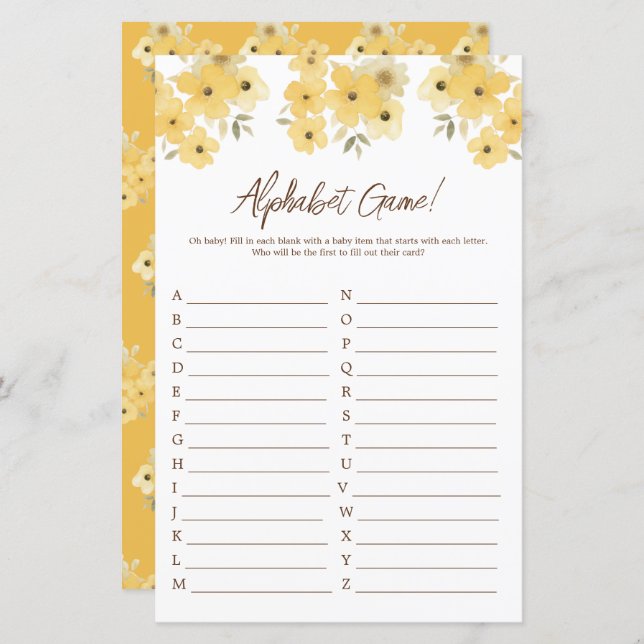 Woodland Hedgehog Baby Shower Alphabet (Fram/baksida)